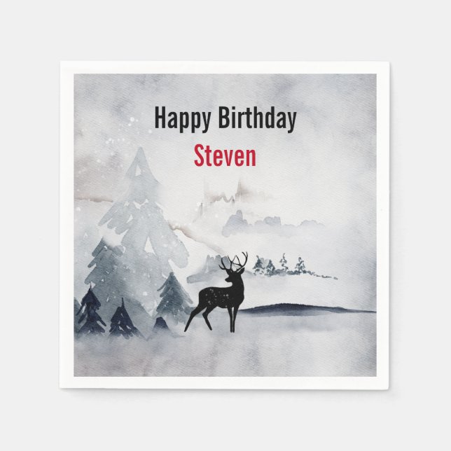 Winter Reindeer Rustic Grey Watercolor Birthday Napkin (Front)