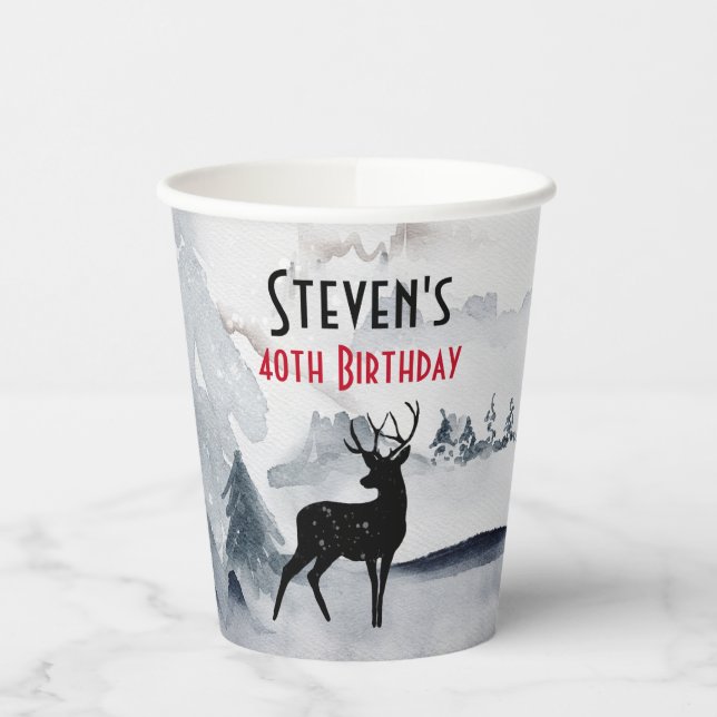 Winter Reindeer Rustic Grey Watercolor Birthday Paper Cups (Left)