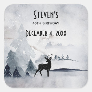 Winter Reindeer Rustic Grey Watercolor Birthday Square Sticker
