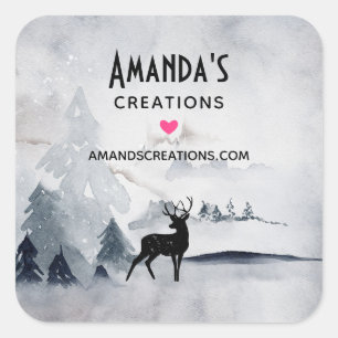 Winter Reindeer Rustic Grey Watercolor Business Square Sticker