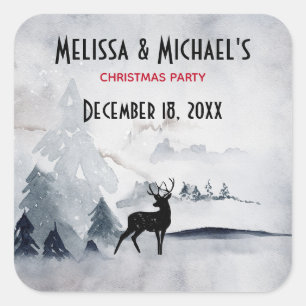 Winter Reindeer Rustic Grey Watercolor Christmas Square Sticker