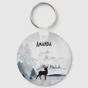 Winter Reindeer Rustic Grey Watercolor Key Ring