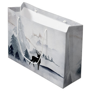 Winter Reindeer Rustic Grey Watercolor Large Gift Bag