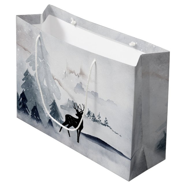  Winter Reindeer Rustic Grey Watercolor Large Gift Bag (Front Angled)