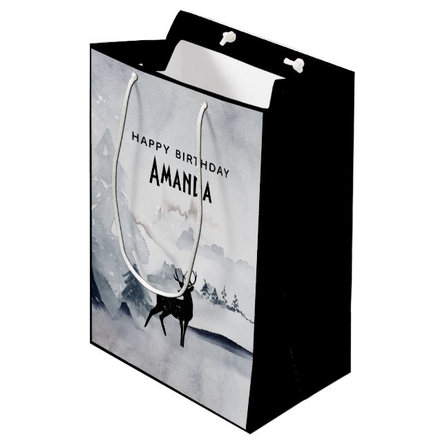 Winter Reindeer Rustic Grey Watercolor Medium Gift Bag (Front Angled)