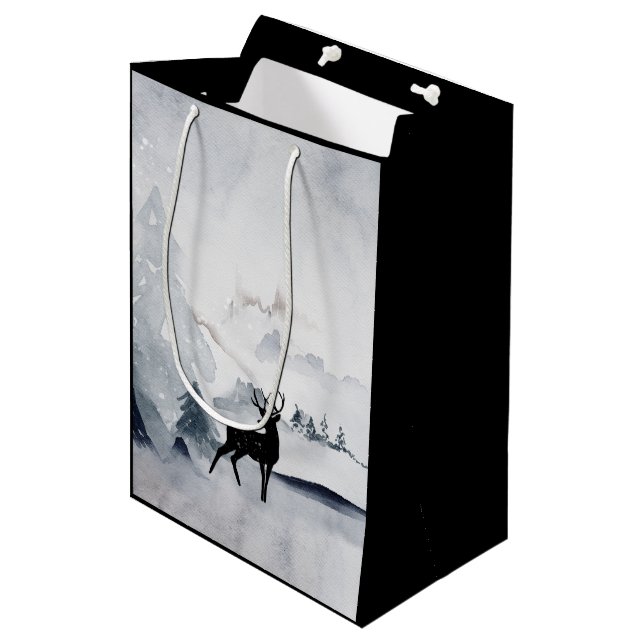 Winter Reindeer Rustic Grey Watercolor Medium Gift Bag (Front Angled)