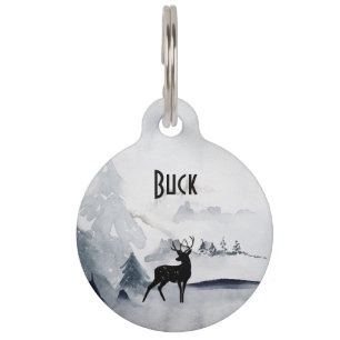 Winter Reindeer Rustic Grey Watercolor Pet Tag