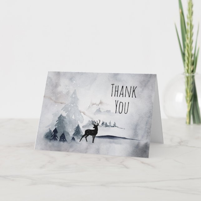 Winter Reindeer Rustic Grey Watercolor Thank You Card (Front)