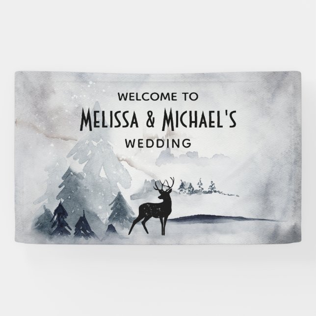 Winter Reindeer Rustic Grey Watercolor Wedding Banner (Horizontal)