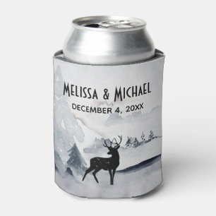 Winter Reindeer Rustic Grey Watercolor Wedding Can Cooler