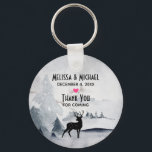Winter Reindeer Rustic Grey Watercolor Wedding Key Ring<br><div class="desc">Wedding favour key chain with a watercolor image featuring a black silhouette reindeer standing among some pine trees. Grey black and white neutral colour scheme.</div>
