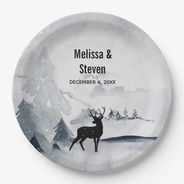 Winter Reindeer Rustic Grey Watercolor Wedding Paper Plate (Front)