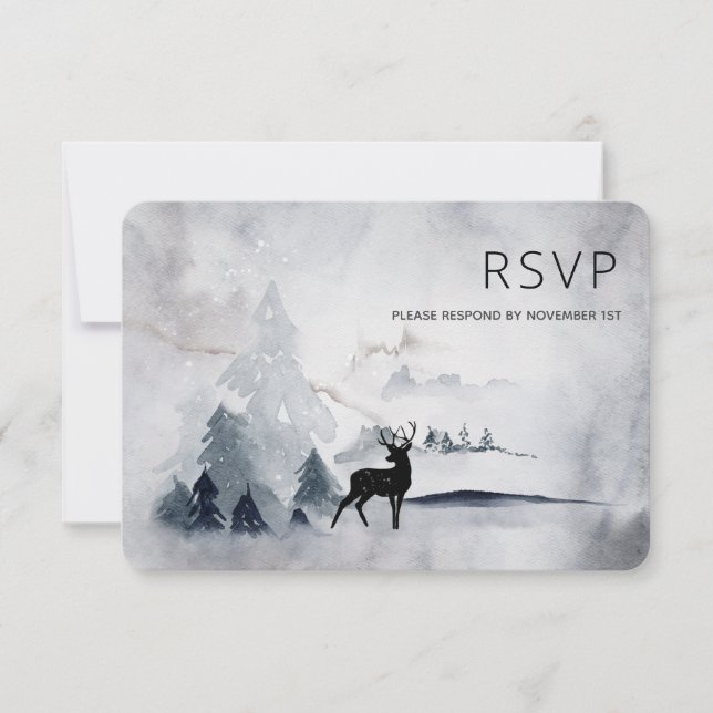 Winter Reindeer Rustic Grey Watercolor Wedding RSVP Card (Front)