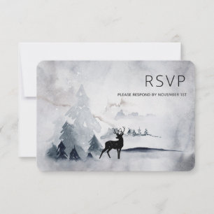 Winter Reindeer Rustic Grey Watercolor Wedding RSVP Card