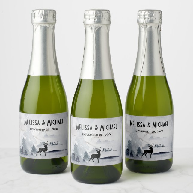  Winter Reindeer Rustic Grey Watercolor Wedding Sparkling Wine Label (Bottles)