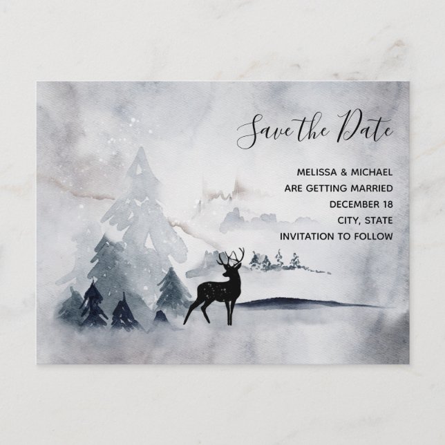 Winter Reindeer Rustic Grey Wedding Save the Date Invitation Postcard (Front)
