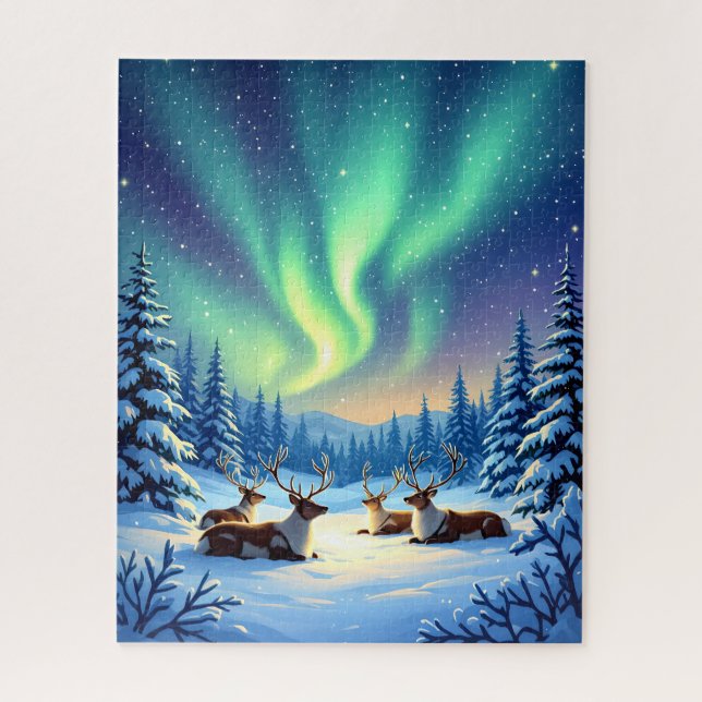 Winter Reindeer Under the Northern Lights Jigsaw Puzzle (Vertical)