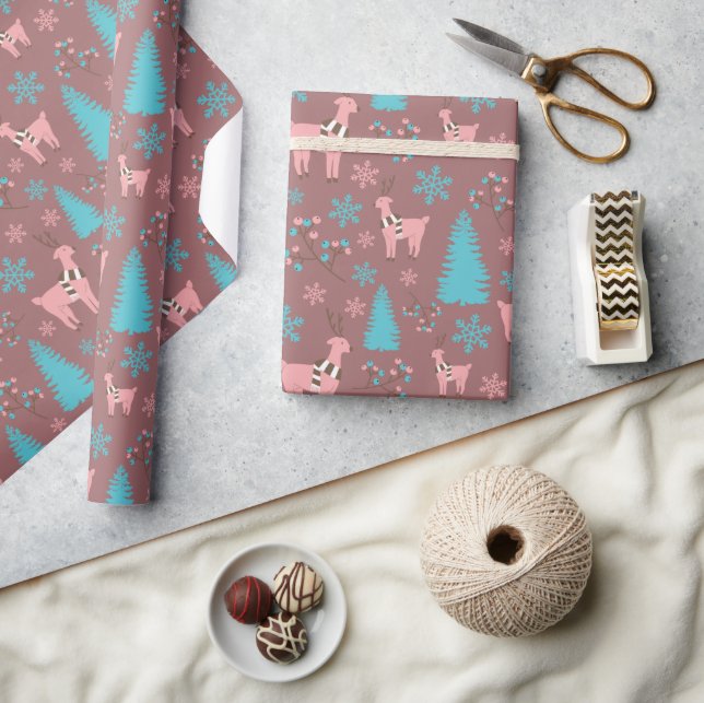Winter Reindeers Pine Trees Snowflakes Seamless Wrapping Paper (Crafts)