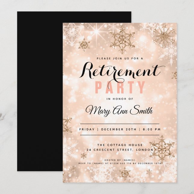 Winter Retirement Party Rose Gold Sparkles Invitation (Front/Back)