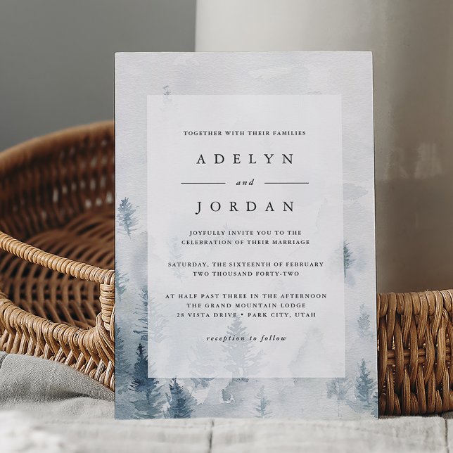 Winter Reverie Blue Watercolor Pine Wedding Invitation (Creator Uploaded)