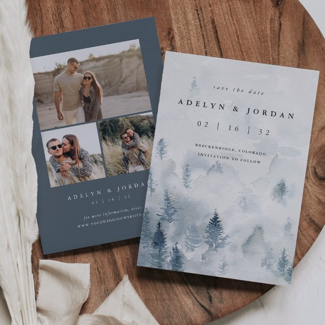 Winter Reverie | Blue Watercolor Pine Wedding Save The Date (Creator Uploaded)