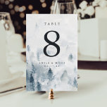 Winter Reverie | Personalized Table Number Card<br><div class="desc">Wintry chic table number cards in soft shades of blue and gray feature a watercolor background depicting a snowy mountain scene dotted with pine trees. Personalize with each table number,  with your names and wedding date beneath. Design repeats on reverse side. Coordinates with our Winter Reverie wedding invitation suite.</div>