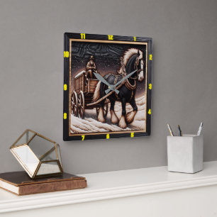 Winter Ride: Customisable Charred Wood Clydesdale Square Wall Clock
