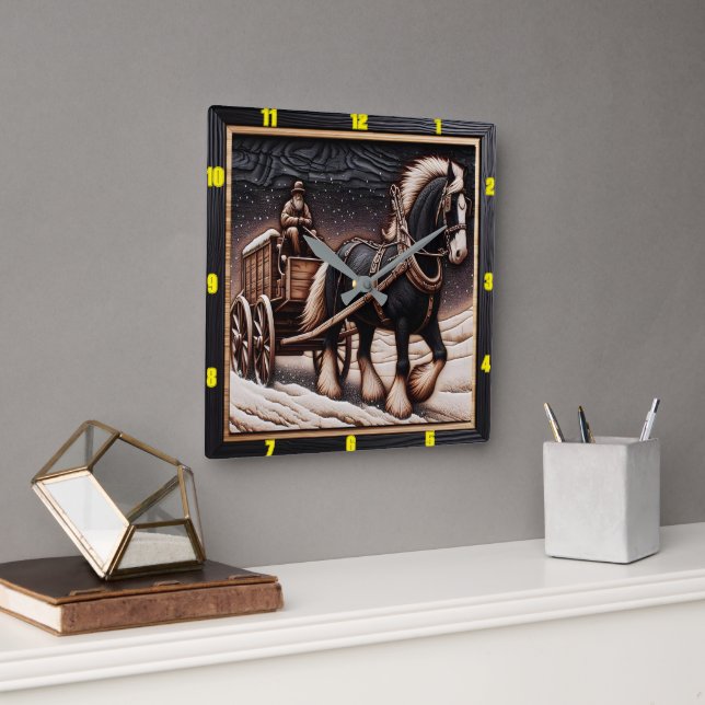 Winter Ride: Customisable Charred Wood Clydesdale Square Wall Clock (Office)