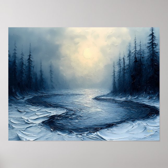 Winter River Bend – Abstract Foggy Forest Scene Poster (Front)