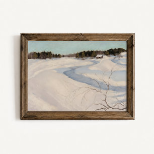 Winter River Cabin Landscape Poster