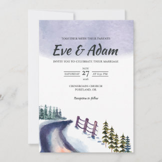 Winter Road Pine Fence Rustic Watercolor Wedding Invitation