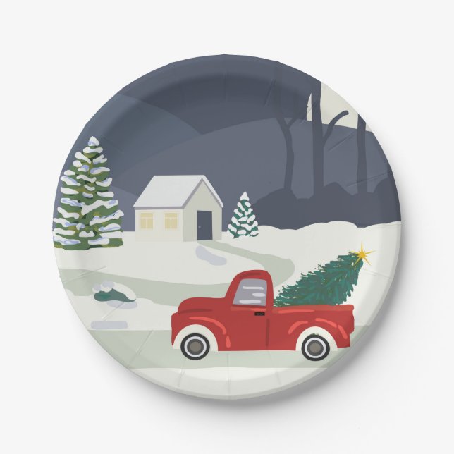Winter Road Red truck Christmas Paper Plate (Front)