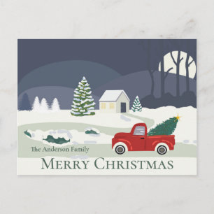 Winter Road Red truck Christmas Postcard