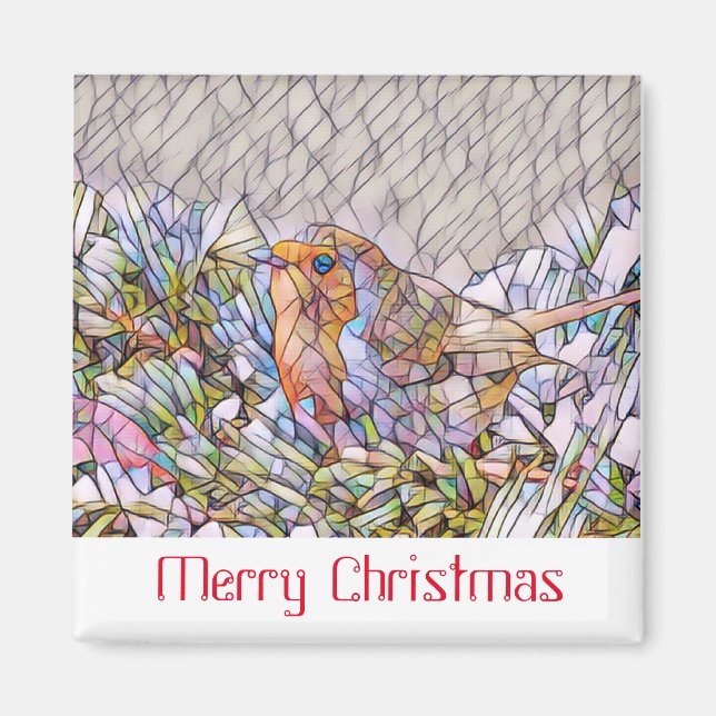 Winter robin in a stained glass look magnet (Front)