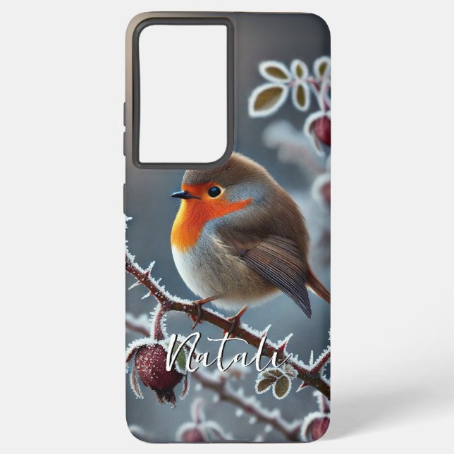 Winter Robin Perched on Frosted Rose Branch Samsung Galaxy S21+ Case (Back)