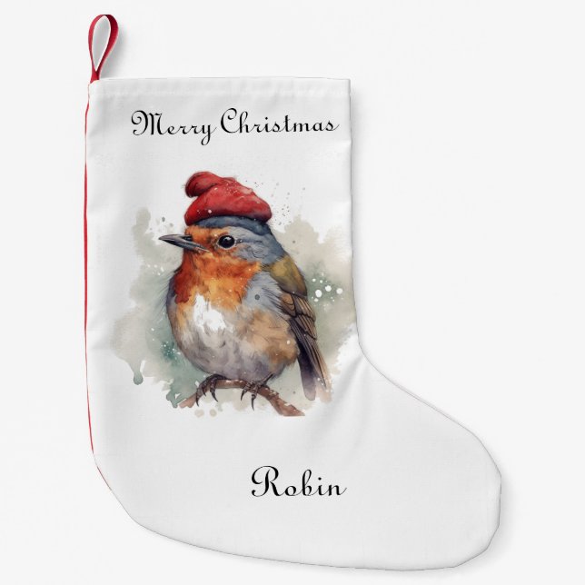 Winter Robin Watercolor Red Hat Pattern Small Christmas Stocking (Front)