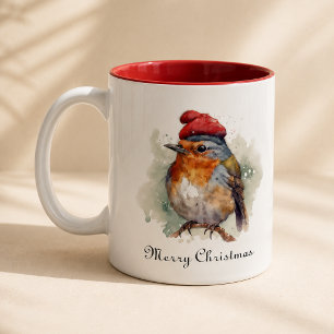 Winter Robin Watercolor Red Hat Pattern Two-Tone Coffee Mug