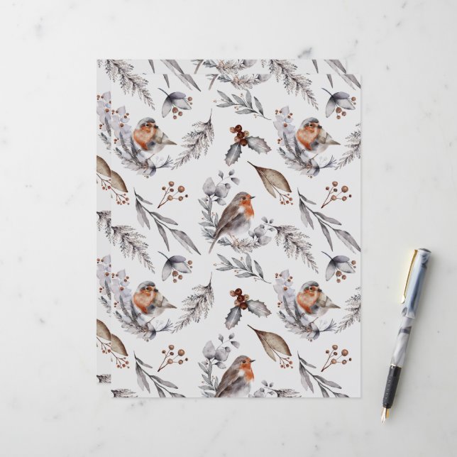 Winter Robin Watercolor Scrapbook Paper (Front/Back In Situ)