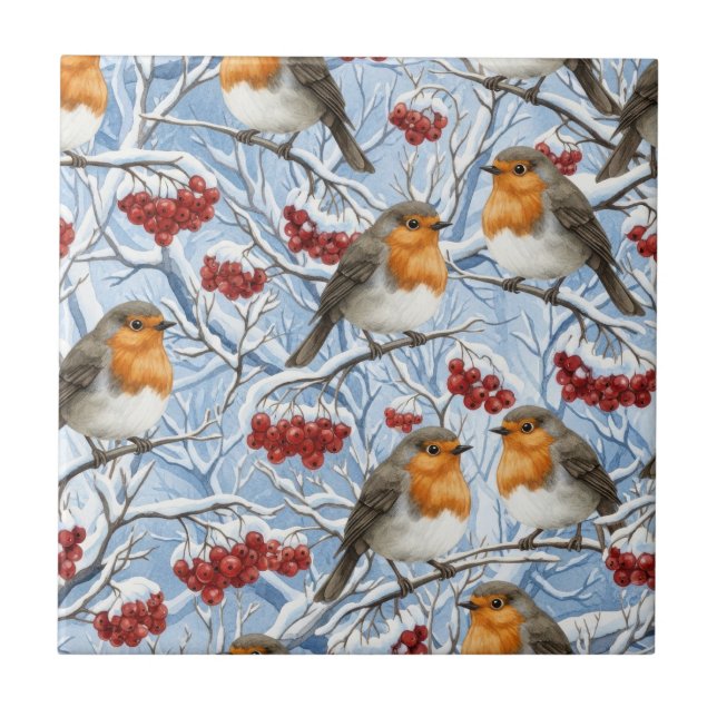 Winter Robins and Snowy Branches Tile (Front)