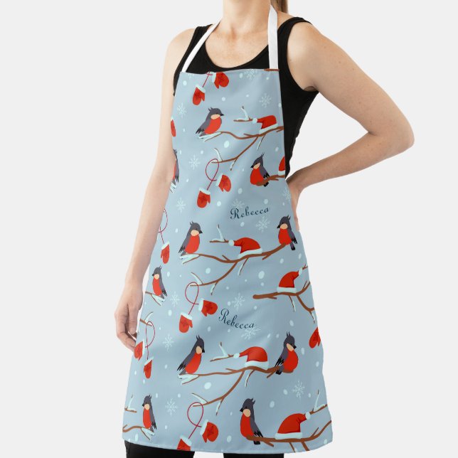 Winter Robins on Tree Branches Cute Bird Pattern Apron (Insitu)