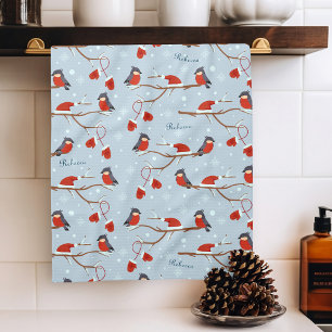 Winter Robins on Tree Branches Cute Bird Pattern Tea Towel