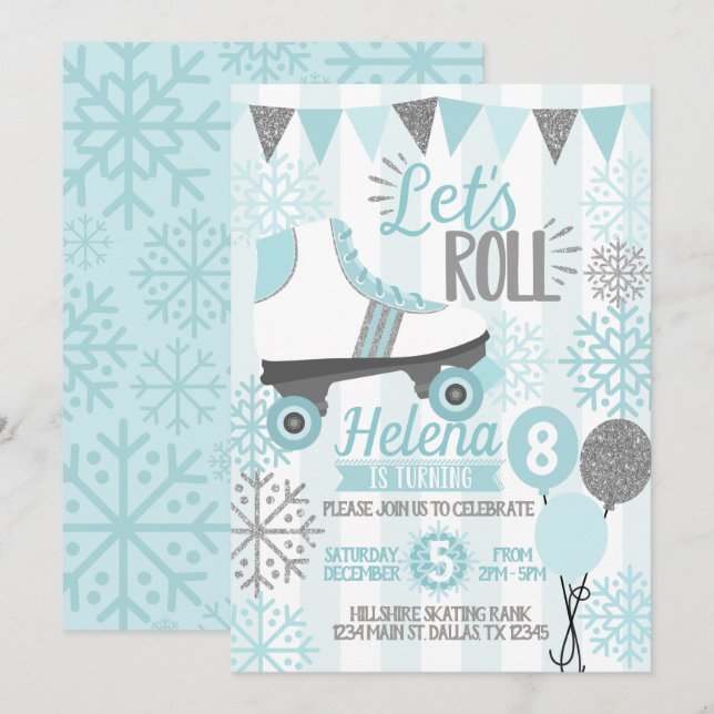 Winter Roller Skating Birthday Party Invitation (Front/Back)