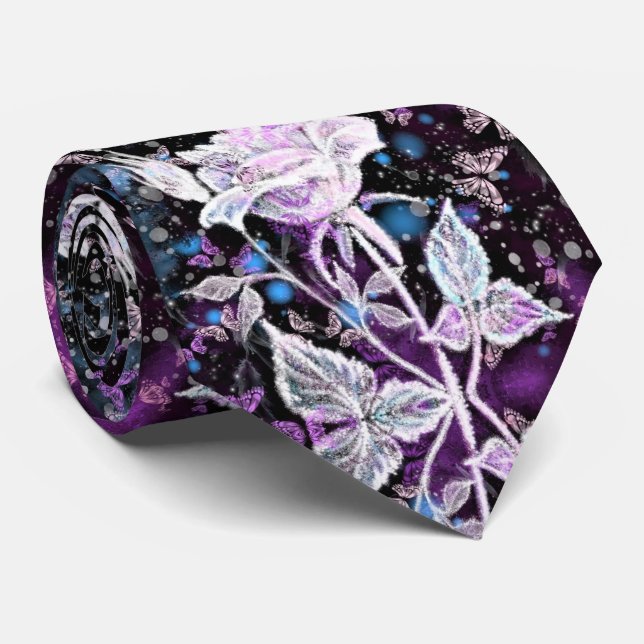 Winter Rose and Butterflies - Beautiful Tie (Rolled)