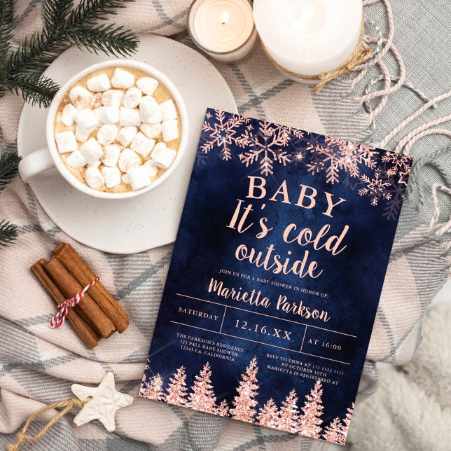 Winter rose gold snow pine navy baby shower invitation (Creator Uploaded)