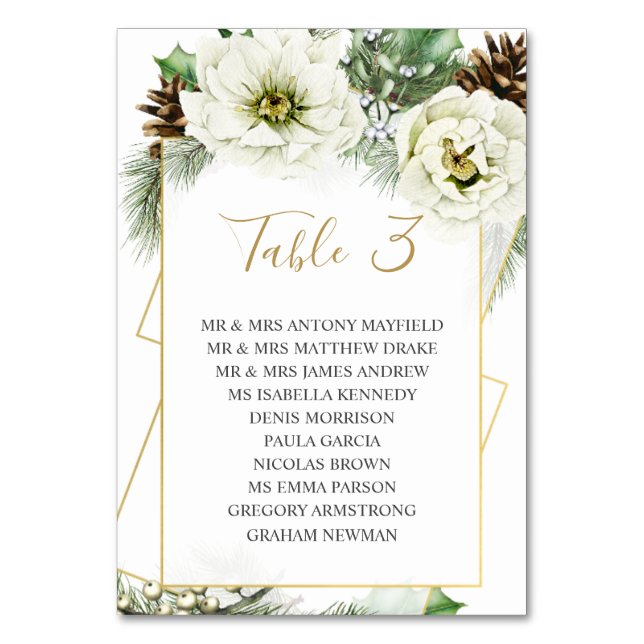 Winter Rose Pine Holly Table Numbers Card (Front)