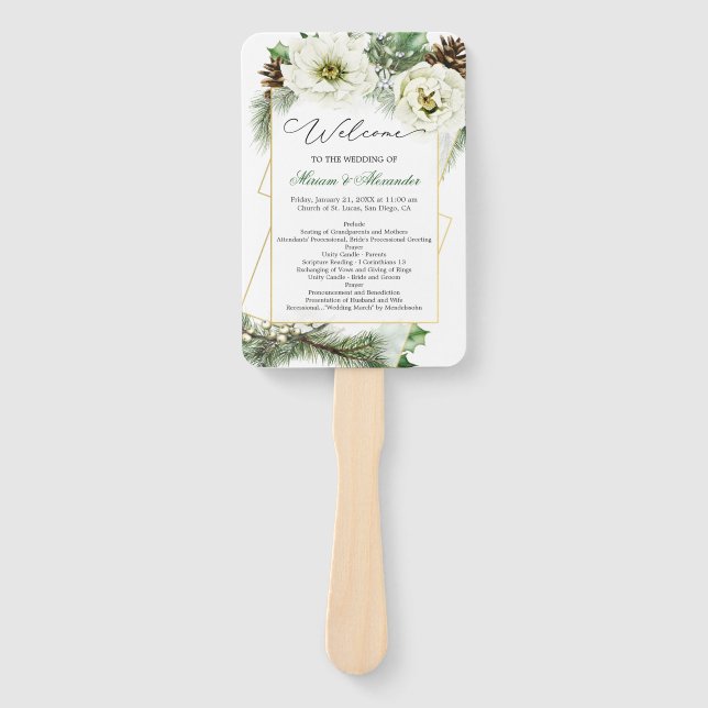 Winter Rose Pine Holly Wedding Program Hand Fan (Front)