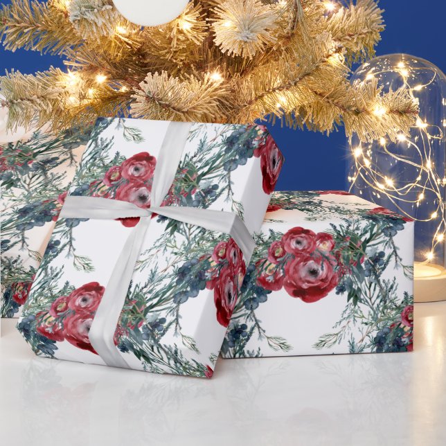 Winter Roses Pine & Spruce Tree Greenery Trellis Wrapping Paper (Holidays)