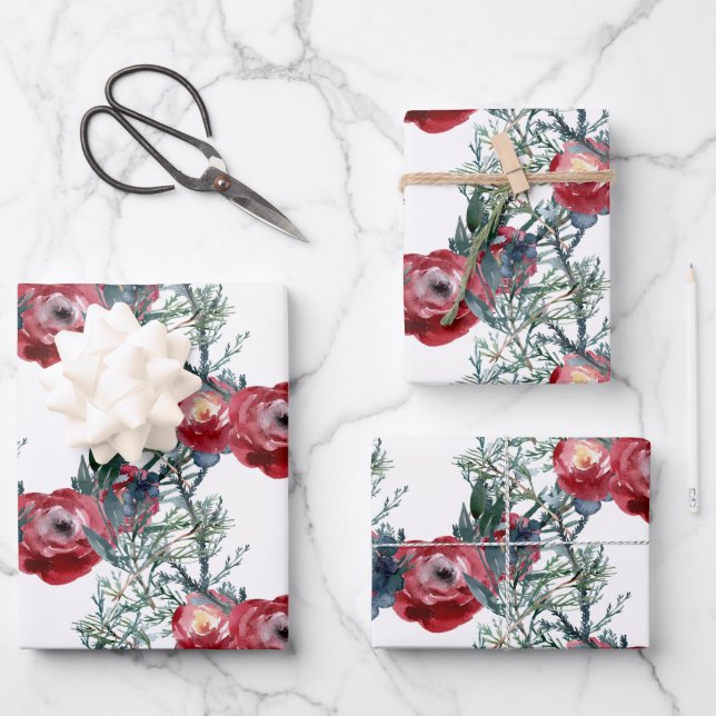Winter Roses Pine & Spruce Tree Greenery Trellis Wrapping Paper Sheet (Front)