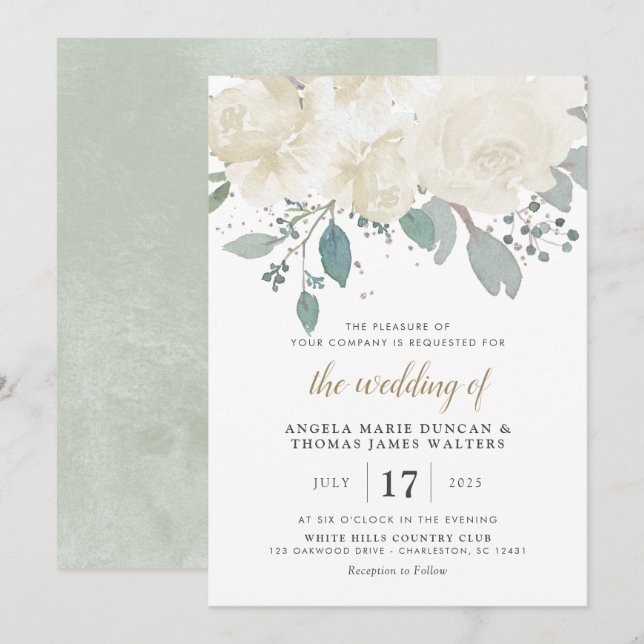 Winter Roses White Gold Floral Wedding Invitation (Front/Back)