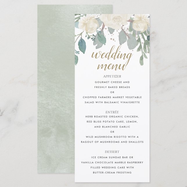 Winter Roses White Gold Floral Wedding Menu (Front/Back)